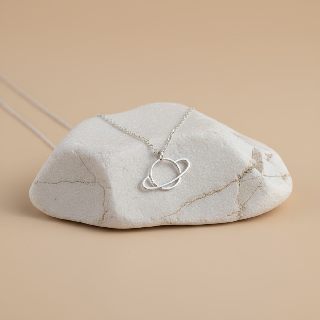 Silver necklace with a planet pendant on a marble stone against a beige background